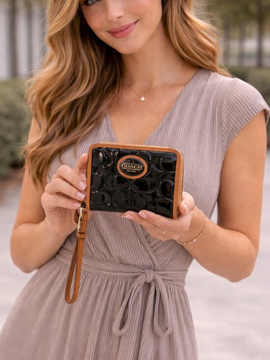 Coach Handbags - Coach Peyton Patent Leather Zip Wallet Black Embossed Monogram